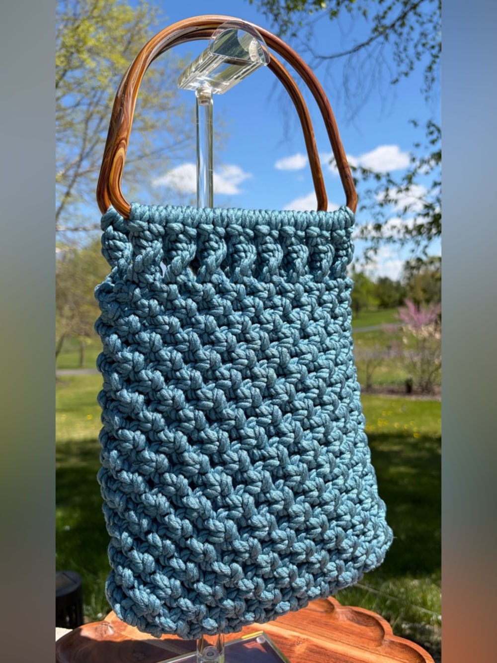 Vintage Macrame Handbag Blue Nylon Handmade EUC - Picture 2 of 11